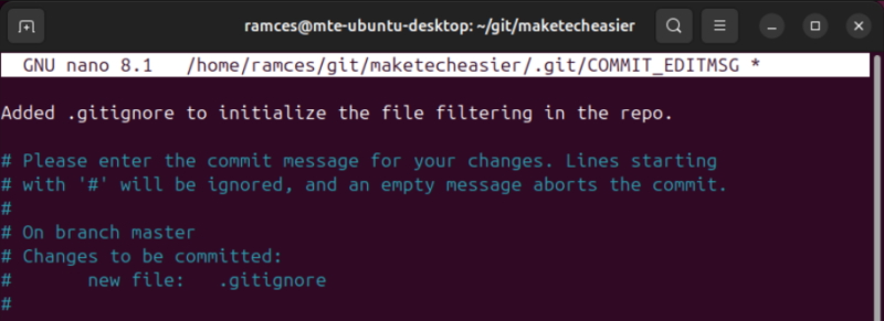 A terminal showing an example commit message.
