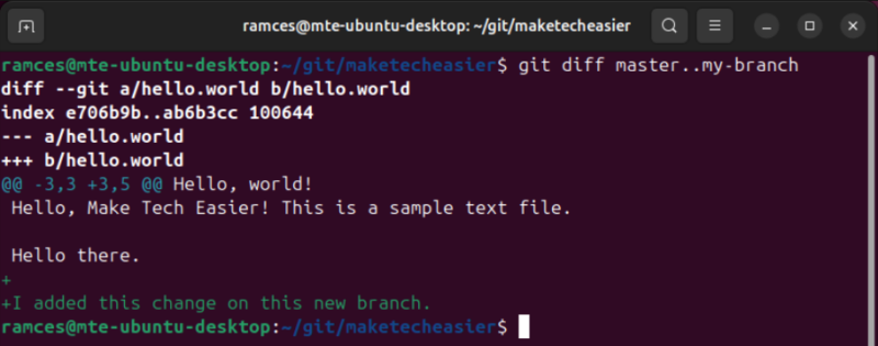 A terminal showing the difference between the two branches in a Git repository.