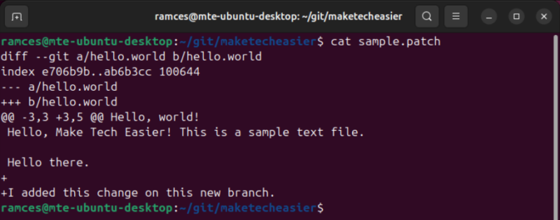 A terminal showing the contents of a patch file for Git.