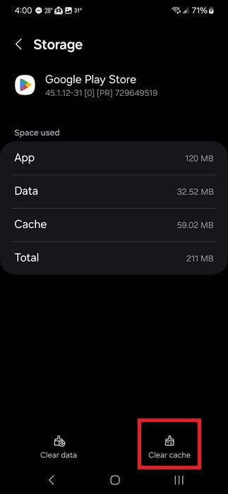 Google Play Store cache settings.