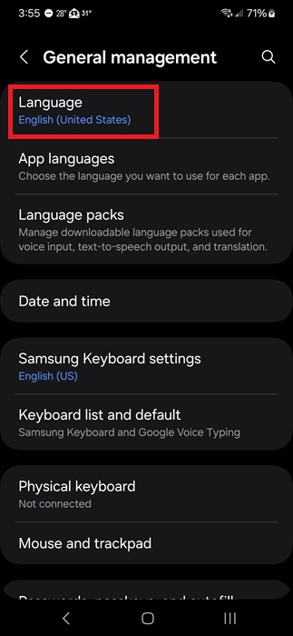Changing Android language settings.