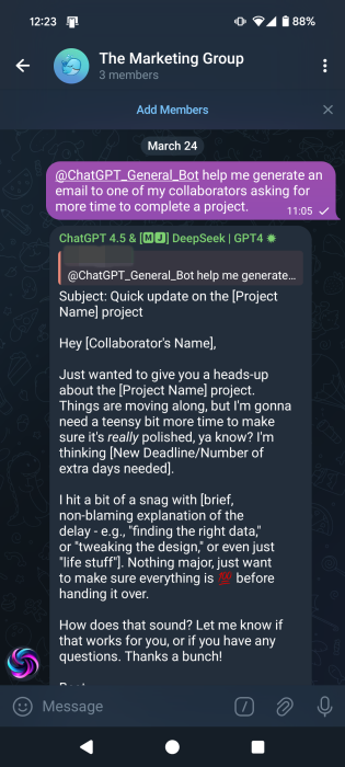Group chatting with ChatGPT in Telegram app. 