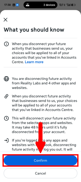 Confirm The Disconnection Of Meta Activities