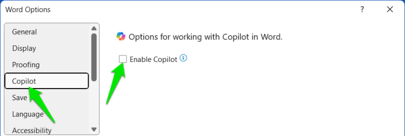 Microsoft Word Option to disable Copilot