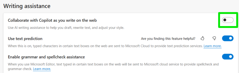 Microsoft Edge option to disable Copilot writting assistant
