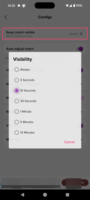 Selecting the amount of time you wish to keep the notch visible on your screen using the Dynamic Bar app. 