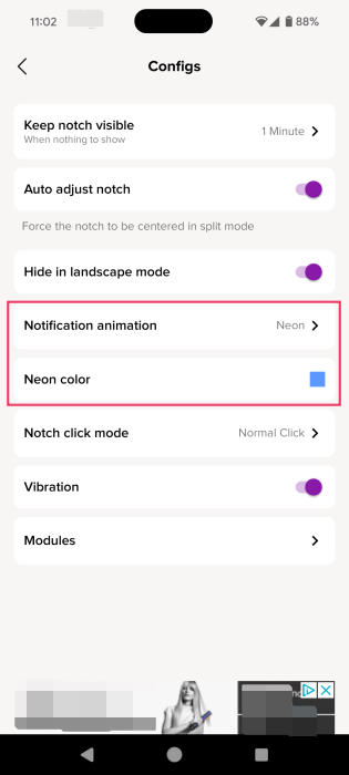 Modifying "Neon color" and "Notification animation" for notch in Dynamic Bar app. 