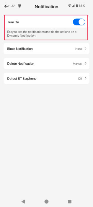 Turning on toggle in Notification panel in Dynamic Notification app. 