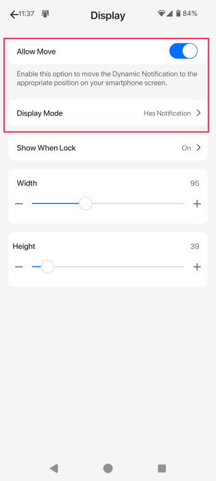 Adjusting display settings for dynamic island in Dynamic Notification app. 