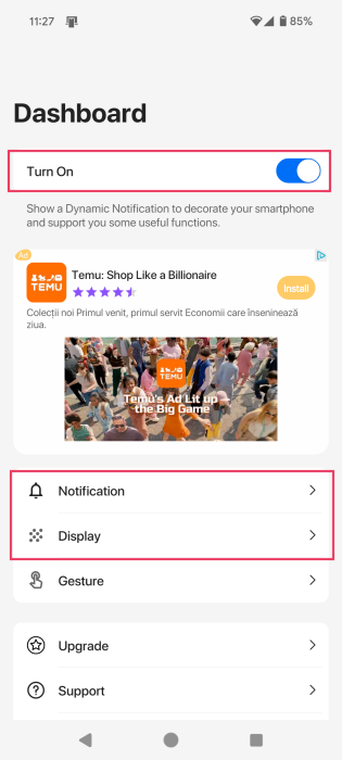 Turning on dynamic island in Dynamic Notifications app. 