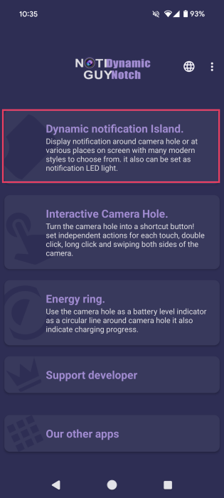 Tapping on "Dynamic Notification Island" option in Notiguy app. 