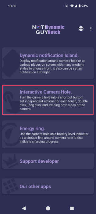 Tapping on "Interactive Camera Hole" option in NotiGuy app. 