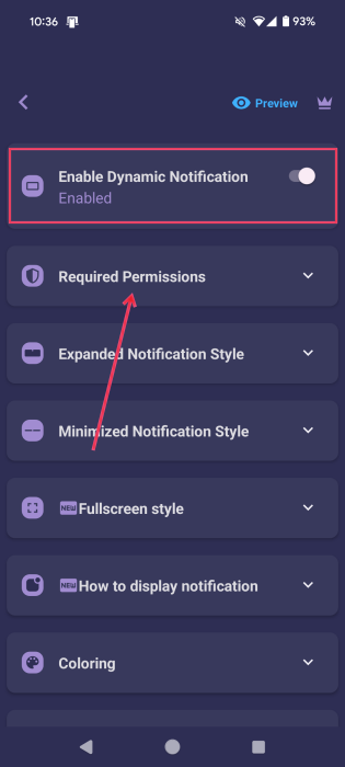Tapping on "Required Permissions" in NotiGuy app. 