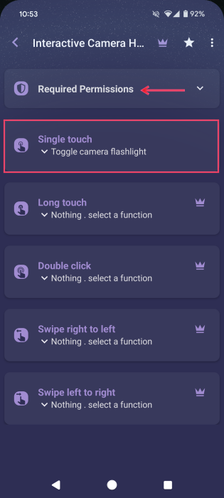 Pressing on "Single touch" option to map camera hole in NotiGuy app. 