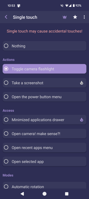 Selecting option for "Single touch" in NotiGuy app. 