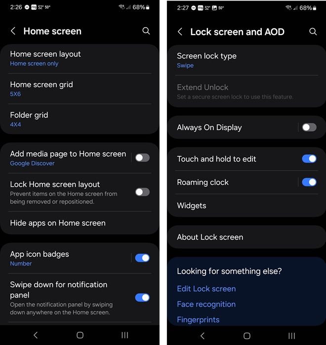 Changing home and lock screen settings.