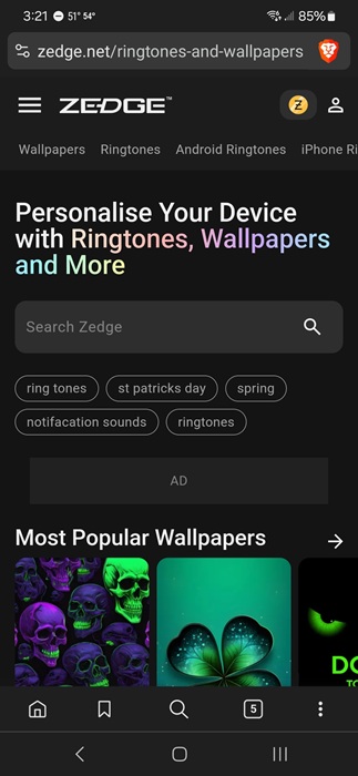 Using the web version of Zedge to customize Android phone.