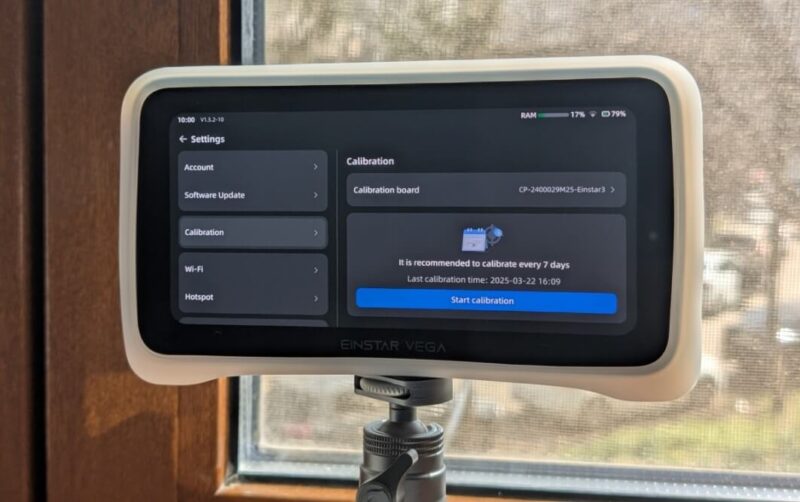 Settings view on the Einstar Vega 3D scanner.