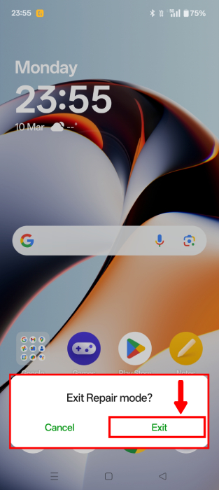 Confirming you want to exit Repair Mode.