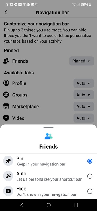 Pinning a tab on Facebook.