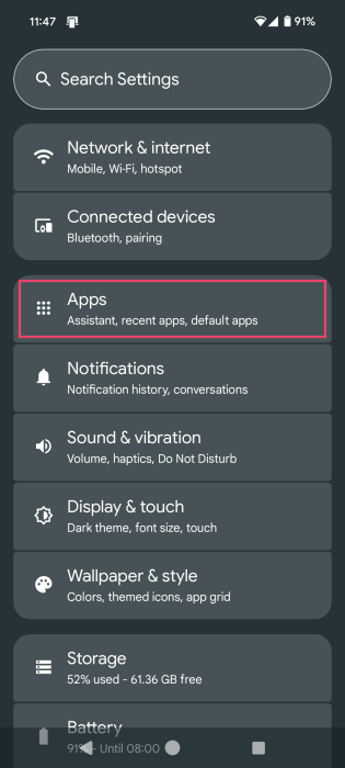 Tapping "Apps" in Android Settings.