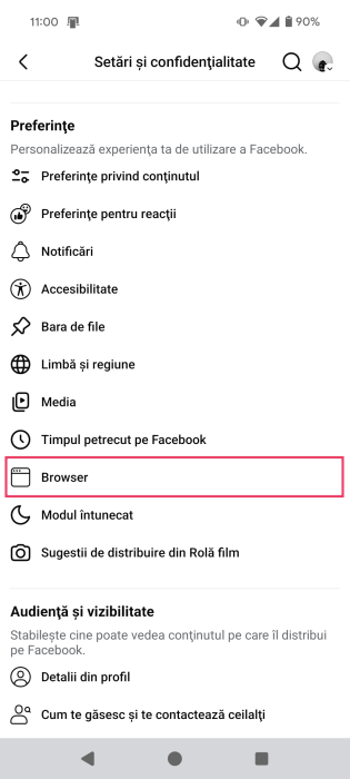 Pressing on Browser option in Facebook Settings on mobile. 