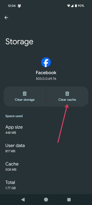 Tapping on "Clear Cache" button for Facebook app on Android.