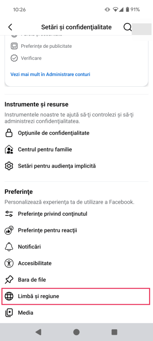Accessing "Language & region" settings in Facebook mobile app in wrong language.