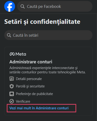 Clicking on "See more in Accounts Center" option in Facebook on PC.