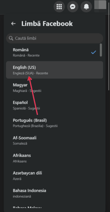 Selecting a new Facebook app language on PC. 