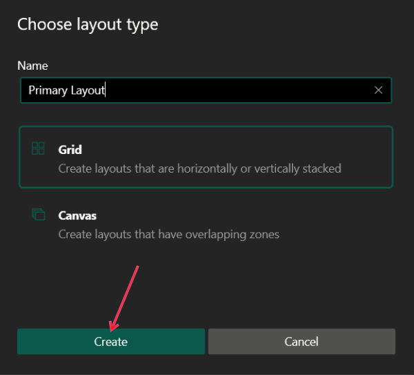 Choosing a custom layout type in FancyZones.