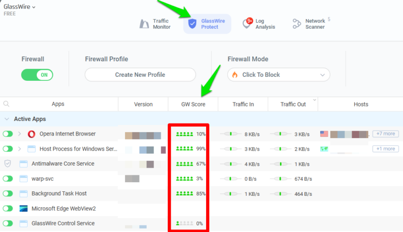 Glasswire rating section in main interface
