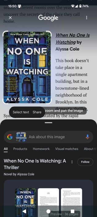 Searching book cover via Google's Circle to Search option.