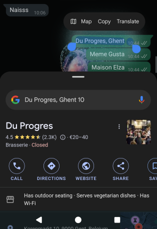 Comparing restaurant options in WhatsApp with Google's Circle to Search.
