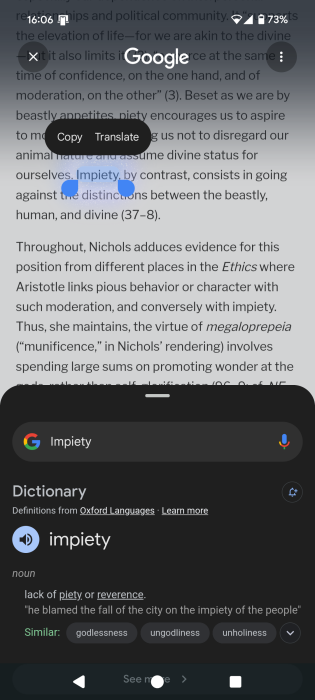 Searching for English term using Google's Circle to Search.