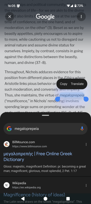 Searching for Greek term using Google's Circle to Search.