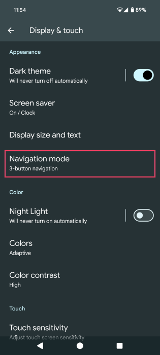 Accessing "Navigation mode" in Android Settings.
