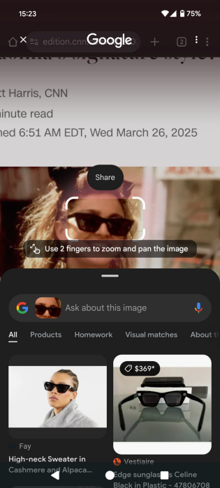 Searching for sunglasses using Google's Circle to Search.