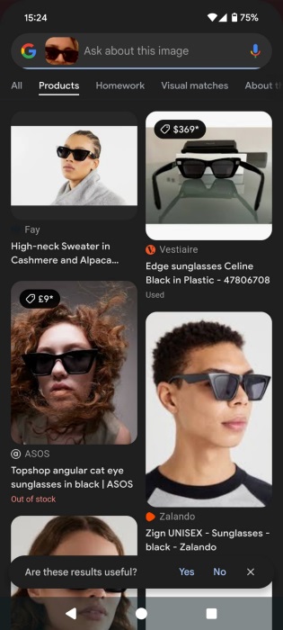 Viewing search matches for sunglasses via Google's Circle to Search.
