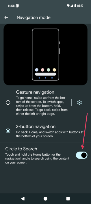 Toggling on "Circle to Search" option in Android Settings.