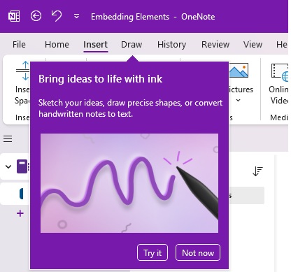 Prompt to use digital ink in OneNote.