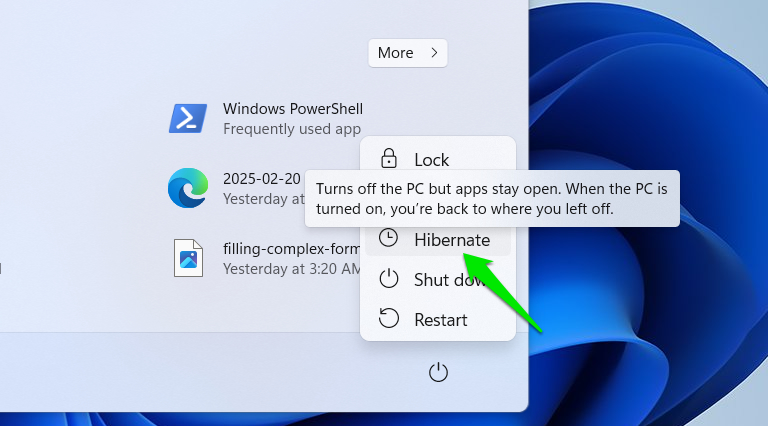 Hibernate Option in Windows 11 power menu