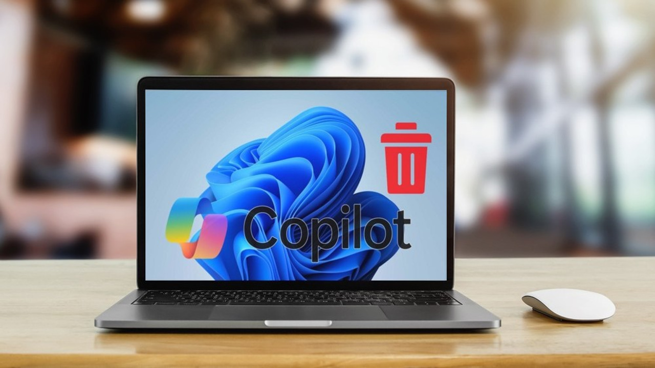 laptop on a table with Windows 11 background and Copilot icon