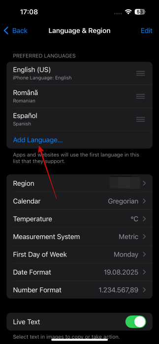 Tapping on "Add Language" button for system language in iPhone Settings.
