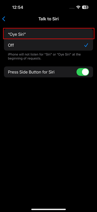 Selecting "Oye Siri" option under "Talk to Siri" in Siri Settings on iPhone. 