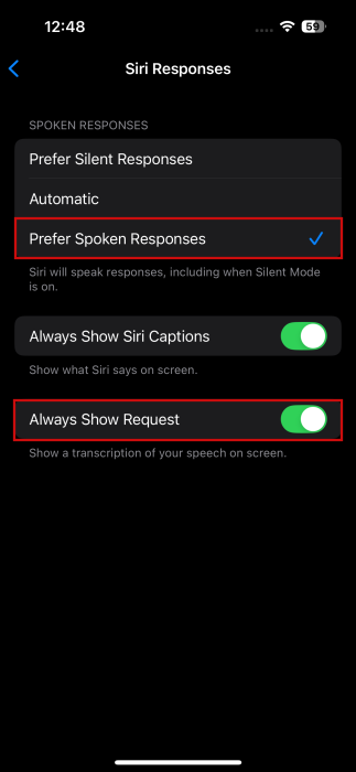 Activating multiple options under "Siri Responses" in iPhone Settings. 