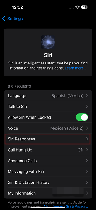 Selecting "Siri Responses" in Siri settings on iPhone. 