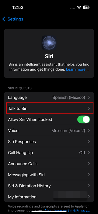 Tapping on "Talk to Siri" option in Siri settings on iPhone. 