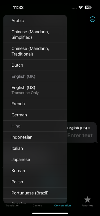 Setting source/target language in Translate app on iPhone. 