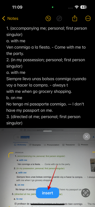 Adding text to Note by scanning website using iPhone. 